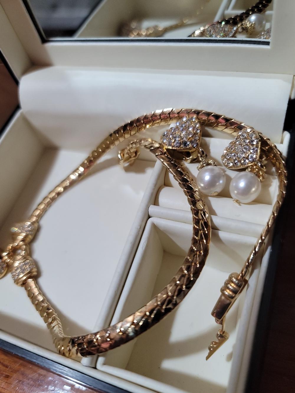 Vintage Gold Crystal Pavè Heart Pendant Necklace with Pearl Accent